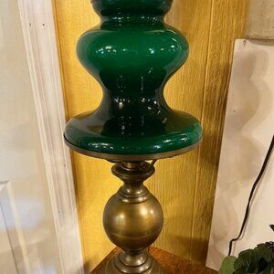 Vintage Mid Century Green Glass & Brass Table Lamp